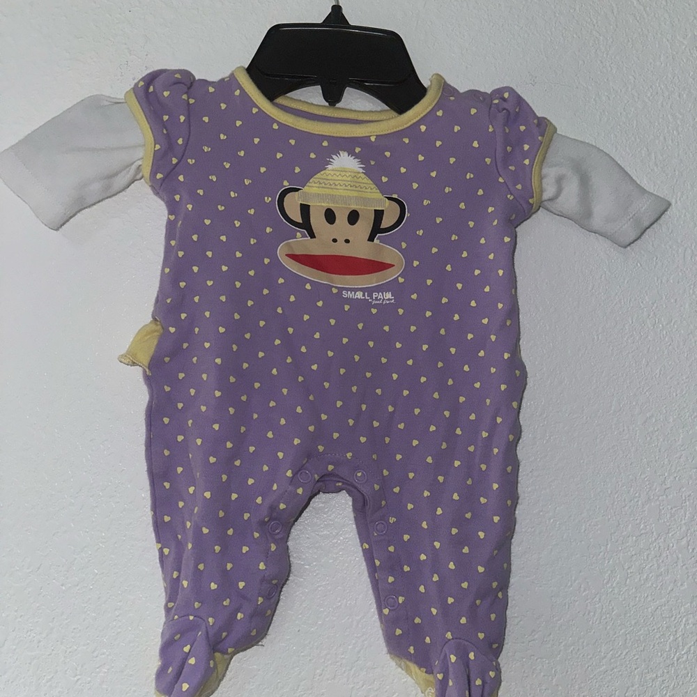 Small Paul by Paul Frank Girls NB Purple Yellow Monkey Heart Coverall Snap